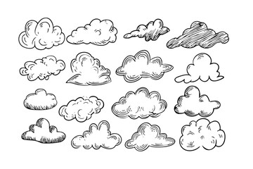 Doodle Cloud Sketch Style Hand Drawn Outline Drawing Element Set