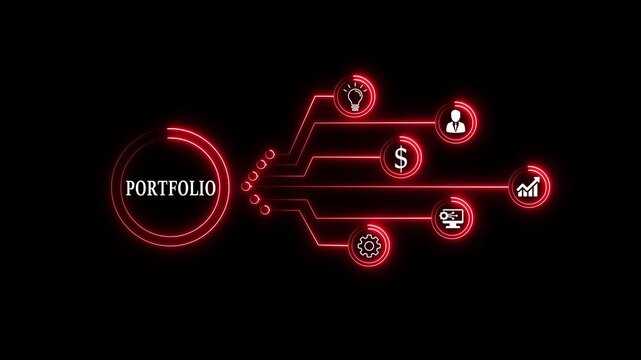 Technology concept with glowing neon circuit icons representing innovation, data flow, connectivity, and process optimization on a black background.