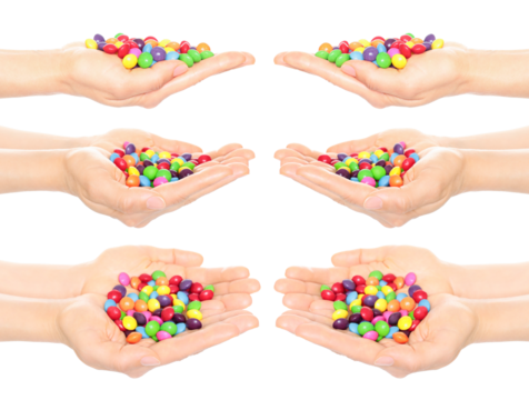 Set of hands holding colorful candies, isolated on transparent background