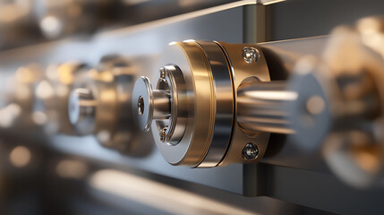 Precision metal components. Shiny and silvery metal machinery elements with visible screws. Macro shot.