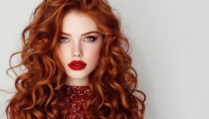 Fototapeta premium Stunning Fashion Portrait Of A Woman With Long, Curly Red Hair, Luxurious Makeup And Accessories, Including Wavy Hair Extensions. Holiday Glam Look With Smoky Eyes And Red Lipstick.