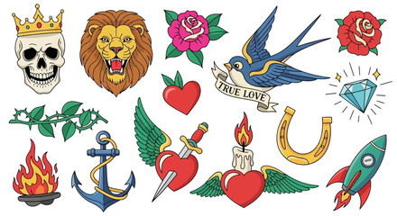 A vibrant collection of classic old school tattoo designs and vintage flash art icons on a white background © Ahmad