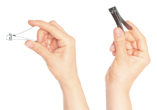 Set of hands holding nail clippers, isolated on transparent background.