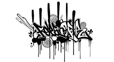 Expressive black and white street art typography with dynamic drip effects and abstract swirls, embodying urban culture and modern artistic flair