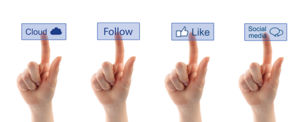 Set of hands pressing virtual buttons social media concept, isolated on transparent background