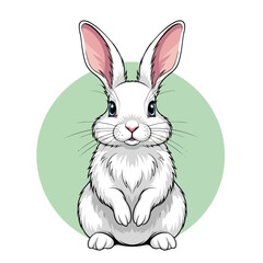 Fototapeta premium A charming white rabbit with pink ears sits against a soft green circle, its fluffy fur and gentle expression creating a heartwarming illustration isolated on white background