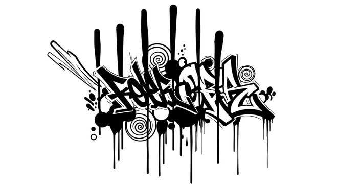 Expressive black and white street art typography with dynamic drip effects and abstract swirls, embodying urban culture and modern artistic flair