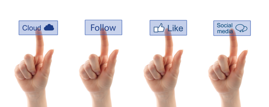 Set of hands pressing virtual buttons social media concept, isolated on transparent background