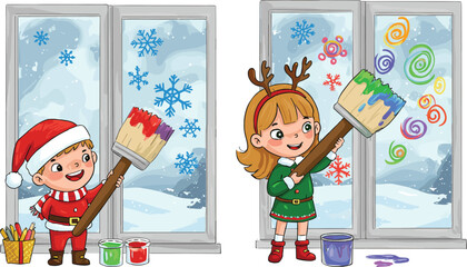 Children painting Christmas windows, festive holiday illustration, Santa outfit and reindeer antlers, colorful snowflakes artwork, joyful seasonal activity, cheerful winter celebration scene © Mst