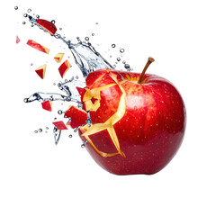 Juicy red apple bursting with water and fragments, creating a dynamic splash effect.