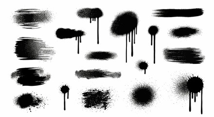 A versatile set of black graffiti spray paint elements, including aerosol drips, splatters, and textured strokes isolated on a white background © Ahmad