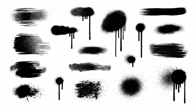 A versatile set of black graffiti spray paint elements, including aerosol drips, splatters, and textured strokes isolated on a white background
