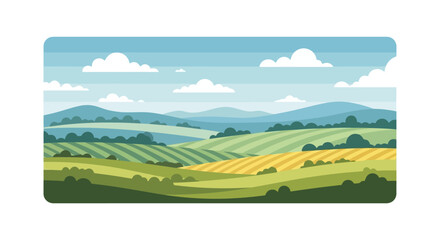 Beautiful serene rural landscape with rolling green and golden fields under a clear blue sky, showcasing agricultural plains and distant hills in a charming flat vector illustration