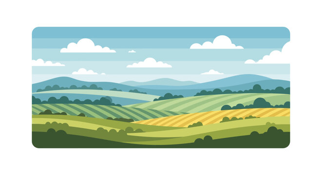 Beautiful serene rural landscape with rolling green and golden fields under a clear blue sky, showcasing agricultural plains and distant hills in a charming flat vector illustration