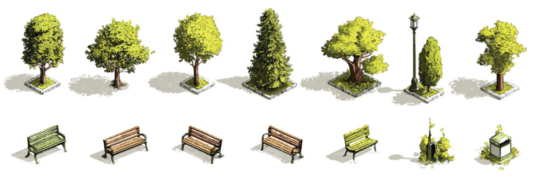 Isometric park elements including trees benches lamp post and trash bin for game design