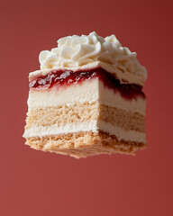 Close-up shot of a cake layered with sponge, cream, jelly and cream topping, showcasing its delicate texture and layers against a red backdrop.
