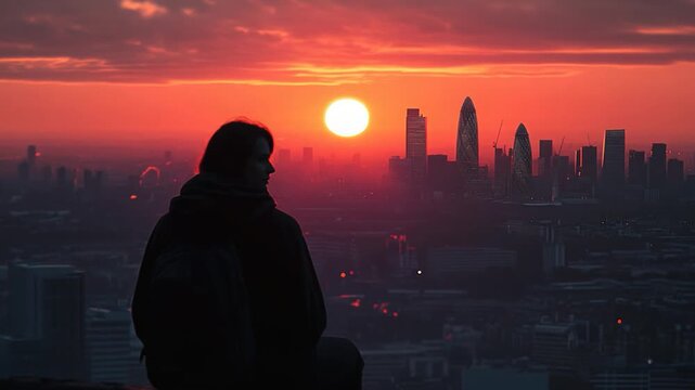 A person sits on a ledge overlooking the city at sunset, offering a stunning view