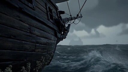 Pirate Ship Bow Cuts Through Stormy Seas: Adventure on the High Seas