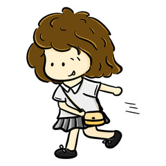 Short-hair school girl with crossbody bag rushing cartoon illustration