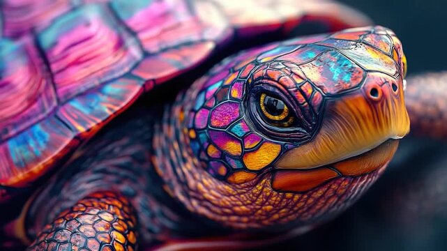 A detailed view of a brightly colored turtle's shell and head
