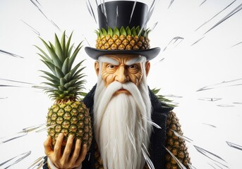 Whimsical old man with pineapple hat and fruit accents holding a fresh pineapple