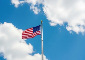 A large American flag is flying high in the sky. The flag is blue and white with the stars and stripes. The sky is clear and blue, with a few clouds scattered throughout