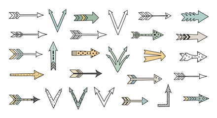 Diverse Collection of Hand-Drawn Doodle Arrows with Bohemian and Tribal Patterns, Pointing in Various Directions for Creative Design Elements and Stylish Accents