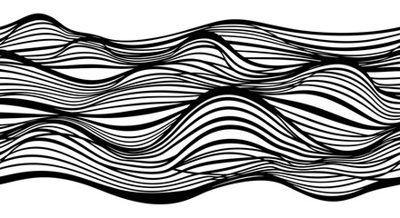 Abstract flowing black and white wavy lines forming a dynamic pattern on a white background, representing sound waves or topography