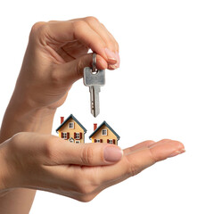Close-up of a woman&rsquo;s manicured fingers gripping a metal door key and tiny house