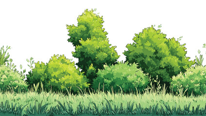 Lush Green Cartoon Forest Illustration with Vibrant Bushes and Grass for Background or Design Element
