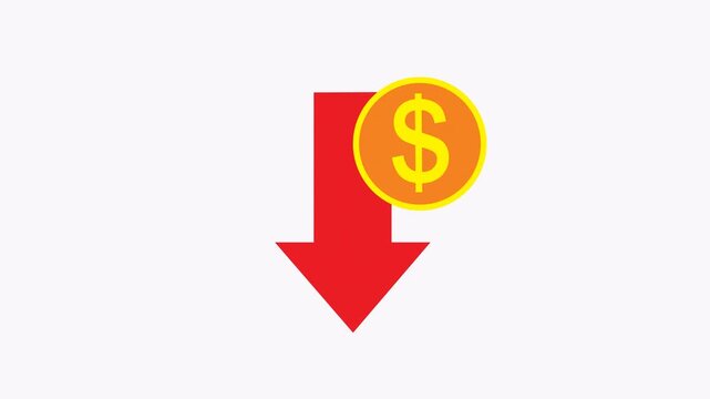 Downward pointing red arrow connected to a dollar currency coin. Finance, investment, market trends, economic downturn concept. Business presentations, financial reports.
