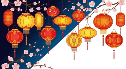 A festive vector illustration of colorful Chinese lanterns and plum blossoms on a dark blue background, white background © Ahmad