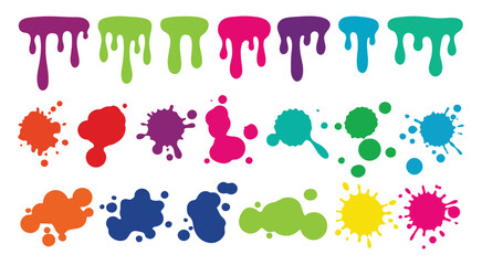Collection of colorful paint splatters and drips in various bright shades and shapes