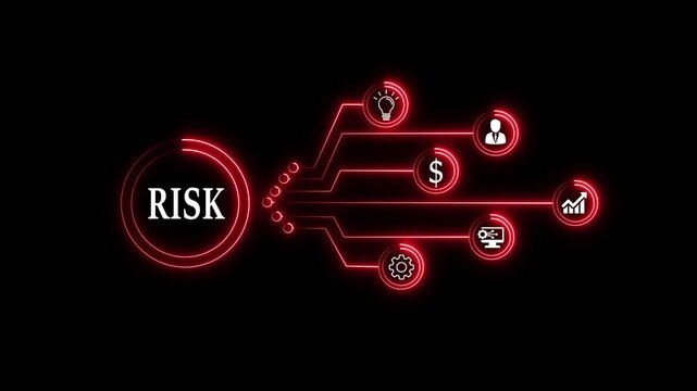 Technology concept with glowing neon circuit icons representing innovation, data flow, connectivity, and process optimization on a black background.