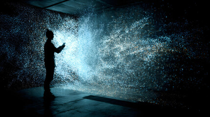 Silhouette digital particles motion control immersive interactive light data abstract flow evokes wonder and curiosity in dark room installation