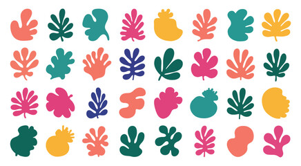 Collection of abstract organic shapes and stylized botanical leaf illustrations in vibrant matisse inspired colors