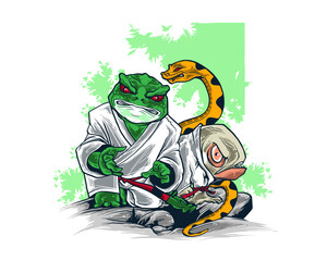 Cartoon Frog and Lizard in Martial Arts Gi with Snake and Rocks Keywords: cartoon, frog, lizard
