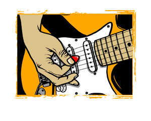 Obraz premium Hand playing electric guitar with red pick and orange background vector illustration