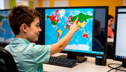 Young boy pointing at world map on computer screen in classroom, global education concept  