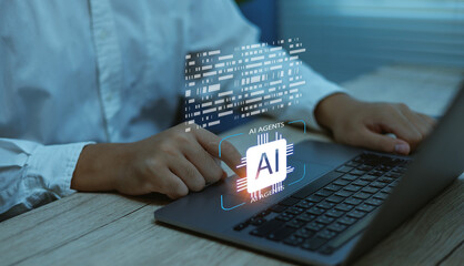 Businessman professional using laptop with a holographic AI interface, representing artificial intelligence technology, digital data innovation, smart automation for modern business solutions