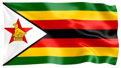 Photorealistic image of the flag of Zimbabwe with green, yellow, red, and black horizontal stripes, featuring a white triangle with a red star. Isolated on a white background.