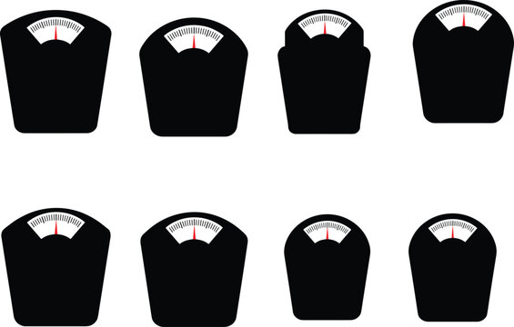 Analog weighing scales, black body, white dial, red needle, weight comparison, measurement tools, vintage style, health check, balance equipment, precision instrument