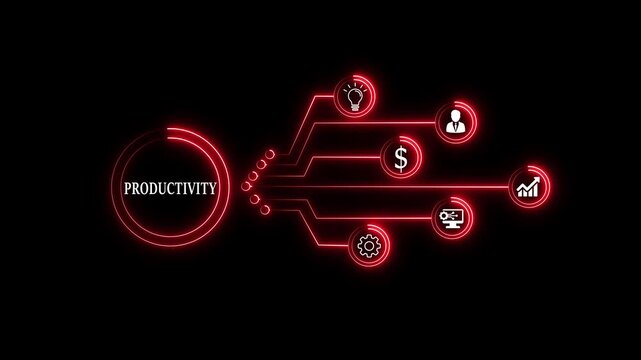 Technology concept with glowing neon circuit icons representing innovation, data flow, connectivity, and process optimization on a black background.