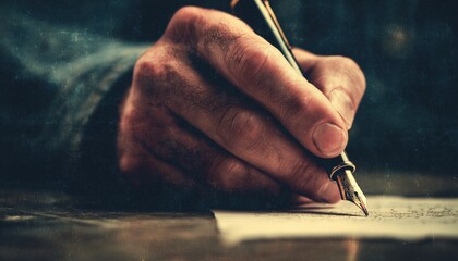 Faded And Toned Retro Image Of A Man Writing A Note With A Fountain Pen Rendered With Vintage Effect.