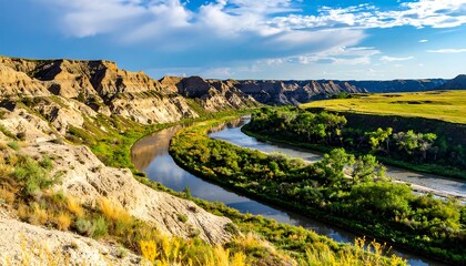 Obraz premium A landscape featuring a meandering river flowing through a canyon. The scene is lit by daylight under a sky with clouds