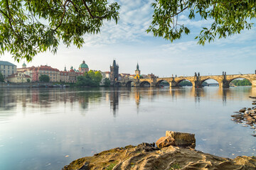 Prague cityscape with Vltava River and Charles Bridge, Czech Republic 