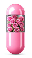 pink pill capsule filled with pink roses, AI generated