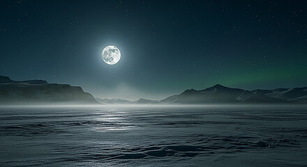 Full moon shining over a frozen landscape with mountains in the distance