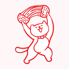 Cheese coin pancake ready use logo with concept of cat wandering pull long mozzarella melt cheese inside the cake, cute playful cartoon character design style