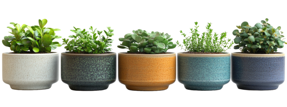 Five colorful ceramic pots filled with various greenery sit in a row